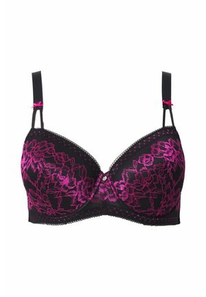 Sujetador negro con patrón floral de encaje morado, copas moldeadas, tirantes ajustables y una joya decorativa central. Rematado con bordes de encaje con diseño en forma de ola.