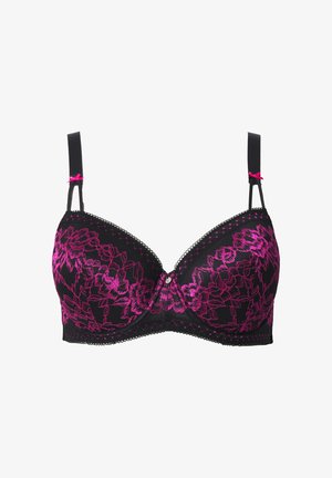 Sujetador negro con patrón floral de encaje morado, copas moldeadas, tirantes ajustables y una joya decorativa central. Rematado con bordes de encaje con diseño en forma de ola.