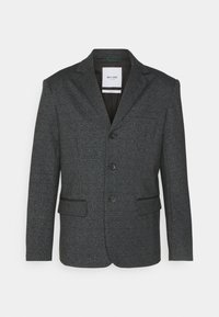 Kolgrå blazer gjord av texturerad tyg, med en enfärgad design, tre knappar och två framfickor.