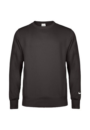 Sweat-shirt noir à manches longues, col rond, avec poignets et ourlet côtelés, petit logo Nike Swoosh blanc sur le poignet gauche et étiquette au niveau du col.