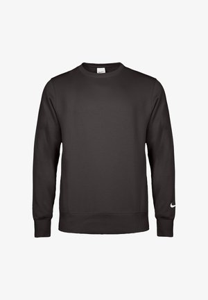 Zwarte sweatshirt met lange mouwen, ronde hals, geribbelde boorden en zoom, met een klein wit Nike Swoosh-logo op de linker pols en een neklabel.