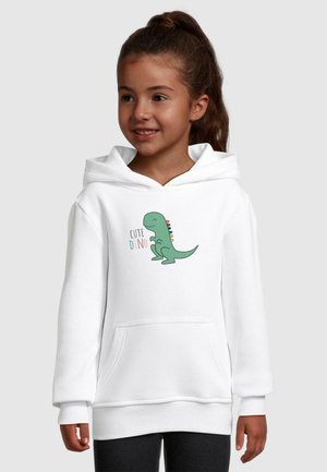 White hoodie with a front pocket, featuring a green dinosaur graphic and the text "CUTE DINO." Soft material, relaxed fit, and ribbed cuffs.