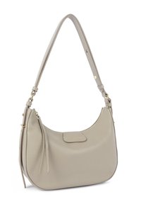 Grijze leren schoudertas met een gebogen vorm, minimalistisch ontwerp, gouden accenten en een kort kwastje.