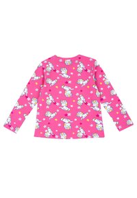 Růžová košile s dlouhým rukávem vyrobená z bavlny, s opakujícím se vzorem jednorožců a hvězd v různých barvách. Kulatý výstřih a rovný lem.