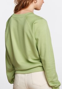 Felpa verde chiaro con scollo rotondo, polsini e orlo a coste. Presenta maniche a raglan e un tessuto morbido e strutturato.