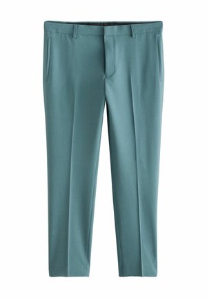 Pantalones de vestir en un azul verdoso claro, elaborados con una tela suave, que cuentan con bolsillos delanteros, un diseño de pierna recta y una parte delantera plana.