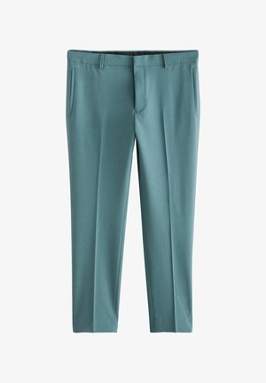 Pantaloni tailor-ului de culoare teal deschis, confecționați dintr-un material neted, cu buzunare frontale, design cu picioare drepte și față plată.