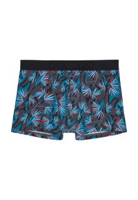 Herren-Boxershorts aus schwarzem Stoff mit einem lebhaften floralen Muster in Blau und Rot. Elastischer Bund mit Logo-Detail. Bequemes Tragegefühl.