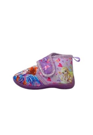 Stivale viola per bambini con design floreale, caratterizzato da personaggi sui lati e dettagli glitterati. Fibbia in velcro per una chiusura facile.