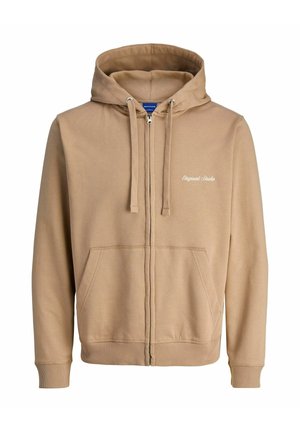 Bežová mikina na zips vyrobená z bavlnenej zmesi, vybavená kapucňou s šnúrkou, prednými vreckami, rebrovanými manžetami a vyšitým logom na hrudi.