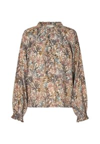 Blusa a stampa floreale in tessuto leggero con maniche lunghe a sbuffo, polsini arricciati e un collo alto con dettagli arricciati.