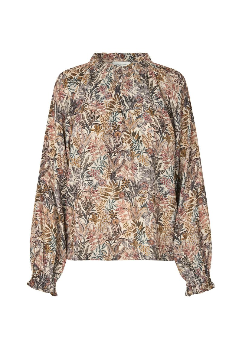 Blusa a stampa floreale in tessuto leggero con maniche lunghe a sbuffo, polsini arricciati e un collo alto con dettagli arricciati.