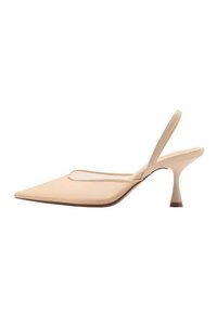 Tacchi slingback nudi con punta affilata, tacco sottile, materiale in pelle liscia, design minimalista e scollatura bassa.