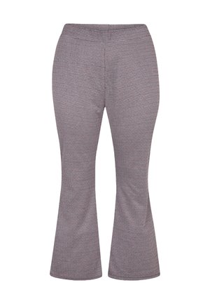 Flared broek in zwart-wit houndstooth patroon, gemaakt van een lichte stof. Elastische tailleband voor comfort.