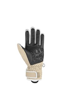 Schwarzer und beiger Skihandschuh mit Lederhandfläche, Stoffbund, Bergmuster auf der Handfläche und Klettverschluss für sicheren Sitz.