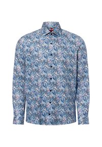 Lange mouwen shirt in lichtblauw met een paisleypatroon in verschillende tinten blauw, roze en crème. Knopen en een klassieke kraag. Katoenen stof.