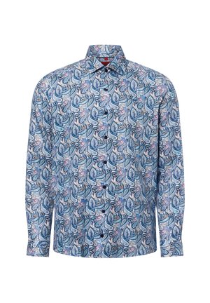 Camicia a maniche lunghe di colore azzurro chiaro con motivo paisley che presenta sfumature di blu, rosa e crema. Bottoni e colletto classico. Tessuto di cotone.