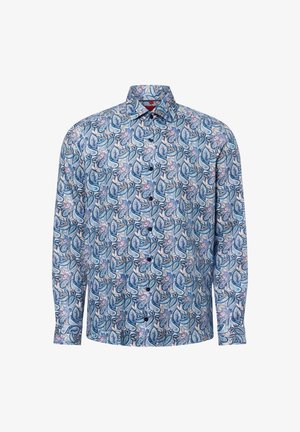 Lange mouwen shirt in lichtblauw met een paisleypatroon in verschillende tinten blauw, roze en crème. Knopen en een klassieke kraag. Katoenen stof.