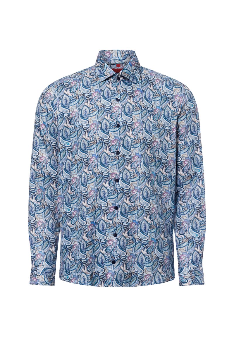Lange mouwen shirt in lichtblauw met een paisleypatroon in verschillende tinten blauw, roze en crème. Knopen en een klassieke kraag. Katoenen stof.