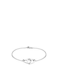 Silberarmband mit ineinander verschlungenem Herzdesign, ausgestattet mit einer zarten Kette und einem Federverschluss. Glatte Oberfläche, minimalistisches Ästhetik.