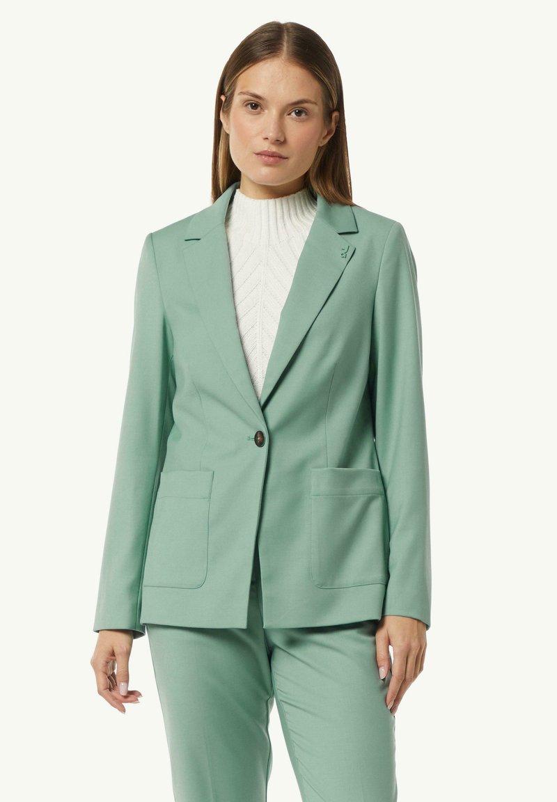 Mint green tailored blazer with two front pockets and a single button closure, made from smooth fabric, paired with a white textured sweater.