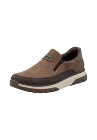 Bruine instapschoenen met een gestructureerde synthetische bovenkant, contrasterende donkerdere afwerking en een gestructureerde rubberen zool voor extra grip.