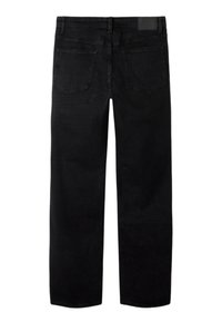 Vaqueros negros de corte recto mostrados por detrás, con dos bolsillos traseros y una cinturilla con presillas para cinturón.