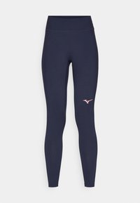 Tumši zili leggins ar augstu jostu, izgatavoti no elastīga materiāla. Ar rozā logo uz kreisās kājas apakšas. Gluda, pieguļoša forma.