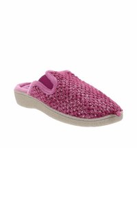 Pantoufle tricotée rose avec un dessus texturé, doublure douce et semelle en caoutchouc. Présente un bout légèrement pointu et un design à enfiler.