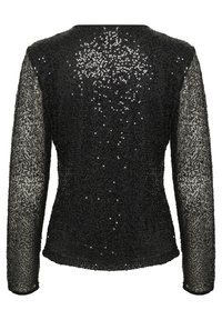 Cardigan nero con paillettes, maniche lunghe trasparenti, scollo rotondo e design aderente. Il tessuto presenta un aspetto testurizzato e scintillante.