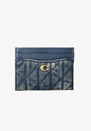 Porta carte in pelle denim e blu navy con motivo trapuntato e logo metallico dorato "C" sul davanti, con tre fessure per carte.