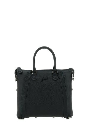 Borsa a mano in pelle nera texturizzata con doppi manici, tracolla removibile e logo impresso discreto sul davanti.