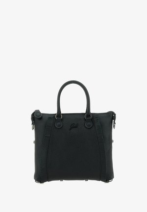 Borsa a mano in pelle nera texturizzata con doppi manici, tracolla removibile e logo impresso discreto sul davanti.