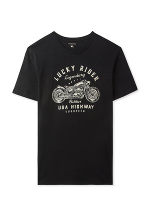 Czarna bawełniana koszulka z graficznym motywem vintage motocykla w białym kolorze, z napisem "Lucky Rider Legendary Bobber USA Highway Godspeed."