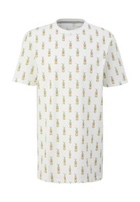 Korte mouw witte t-shirt met een herhaald patroon van groene en roze ananasafbeeldingen, gemaakt van zacht katoen.