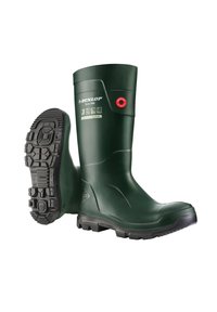 Dunlop Terra PRO green waterproof work boots with textured rubber sole, logo detail, robust design, and reinforced accent at the heel.