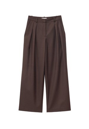 Pantaloni marroni a vita alta con gamba larga, pieghe frontali, passanti per cintura e chiusura frontale nascosta.