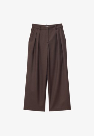 Bruine broek met hoge taille, wijde pijpen, voorplooien, riemlussen en een verborgen sluiting aan de voorkant.