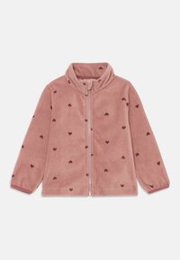 Giacca in felpa rosa chiaro con colletto alto, caratterizzata da piccoli motivi a cuore rosa scuro e una zip frontale. Tessuto morbido e maniche lunghe.