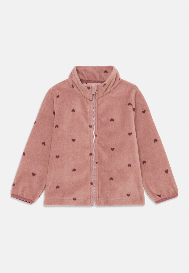 Giacca in felpa rosa chiaro con colletto alto, caratterizzata da piccoli motivi a cuore rosa scuro e una zip frontale. Tessuto morbido e maniche lunghe.