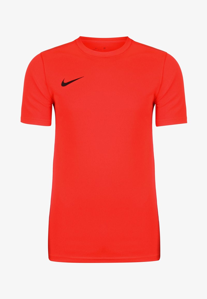 Czerwona krótki rękaw koszulka sportowa wykonana z gładkiego materiału, z czarnym logo Nike na górnej lewej części klatki piersiowej. Klasyczny krój z okrągłym dekoltem.