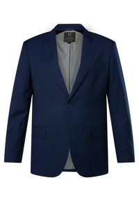 Marineblazer mit Reverskragen, zwei Knöpfen, zwei Fronttaschen und einem gemusterten grauen Futter. Hergestellt aus leichtem Stoff mit einer glatten Textur.