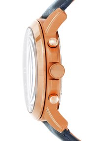 Boîtier en métal doré rose avec des poussoirs chrono, cristal transparent, bracelet en cuir bleu foncé. Présente une finition lisse et des détails marquants.