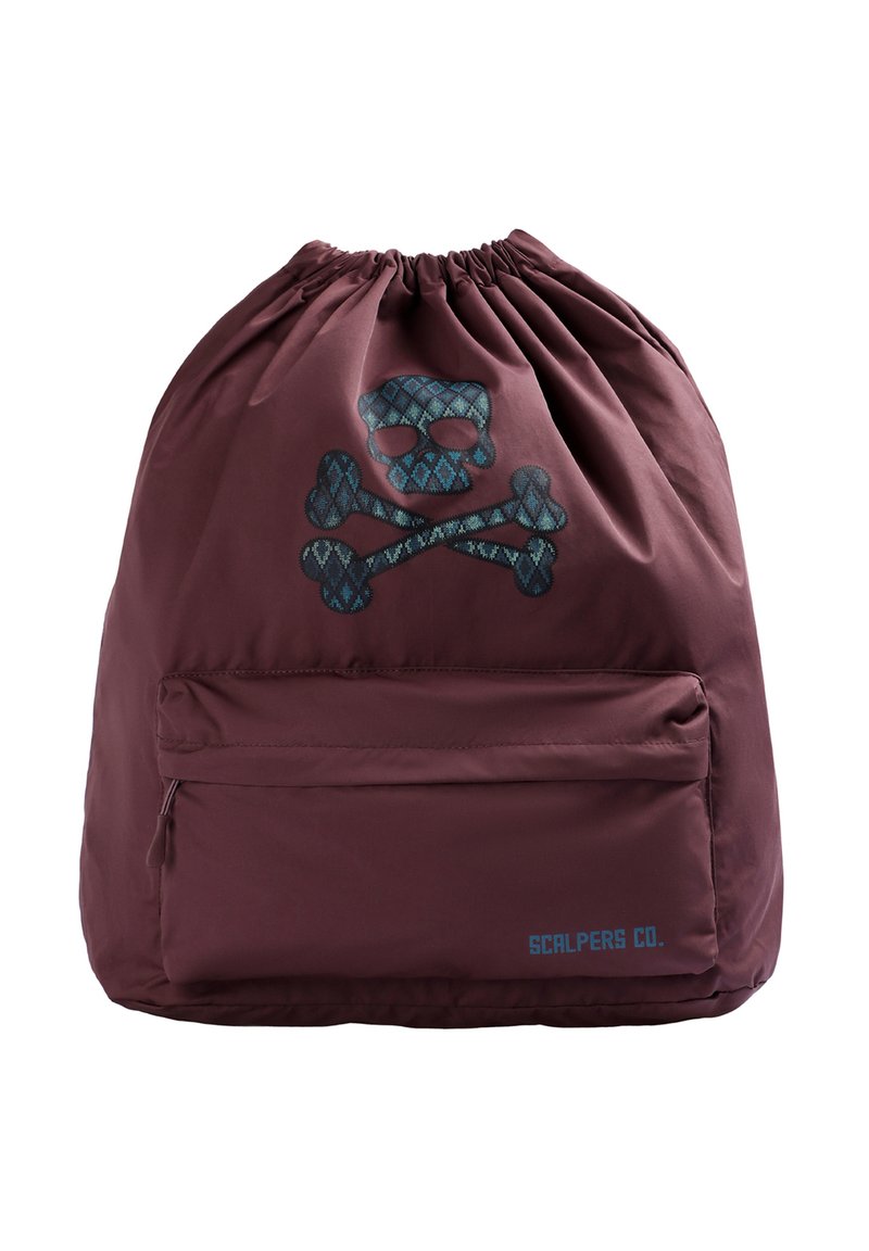 Bolsa de cuerda color marrón con un diseño de calavera y huesos cruzados en azul, gran bolsillo frontal y marca en la esquina inferior derecha. Textura de tela suave.