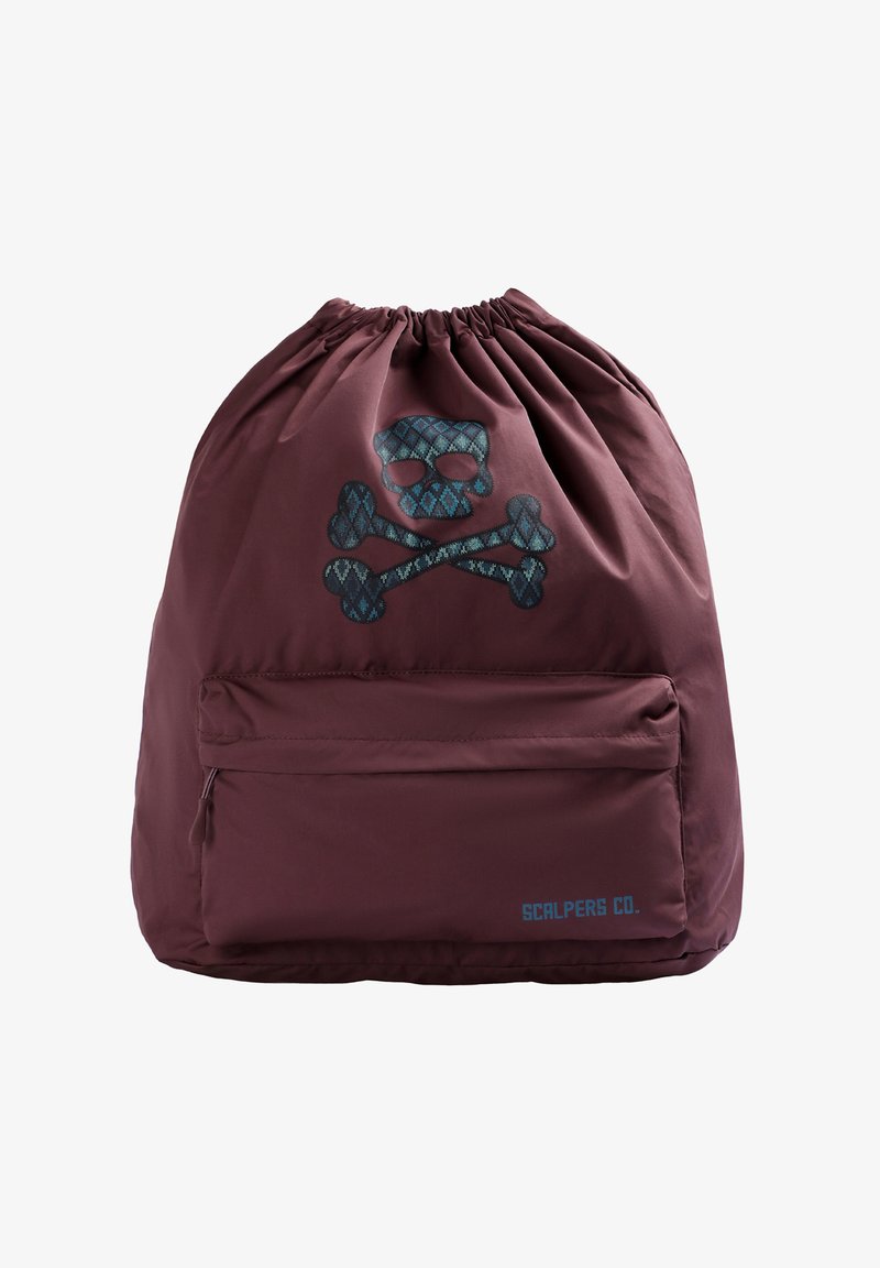 Maroon drawstring bag featuring a blue skull and crossbones design, large front pocket, and branding on the lower right corner. Smooth fabric texture.