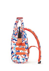 Colorful backpack featuring a geometric pattern in blue, orange, and red, with a zippered top and adjustable straps. Made of durable fabric.