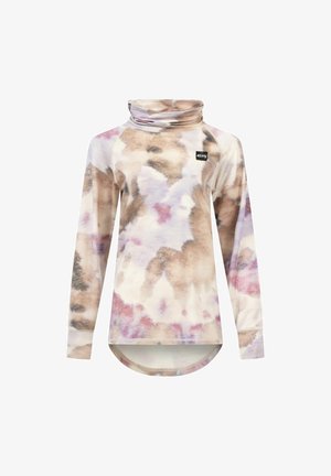 Langärmliger, hochgeschlossener Pullover aus einem weichen Mischgewebe mit einem Aquarellmuster in Beigetönen, Rosa und Lavendel.