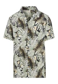 Camicia a maniche corte con bottoni, caratterizzata da un motivo di foglie tropicali in tonalità di verde e giallo su uno sfondo chiaro, realizzata in un tessuto leggero.