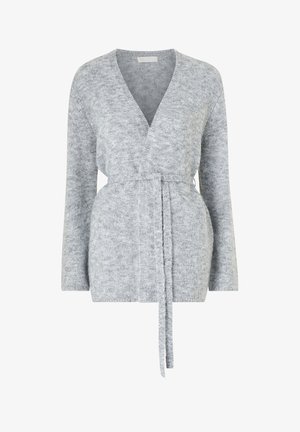 Grau gestrickte Wickeljacke mit langen Ärmeln, V-Ausschnitt und einem gebundenen Taillengürtel. Weicher Stoff mit leicht lockerem Sitz.