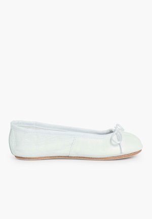 Light blue leather ballet flat with a round toe, decorative bow detail, slim design, and textured finish on the upper with a soft sole.